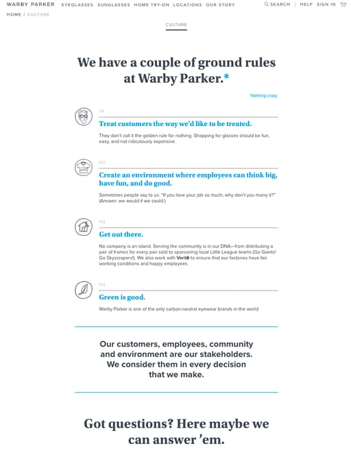 Warby Parker Culture Code Screen Shot